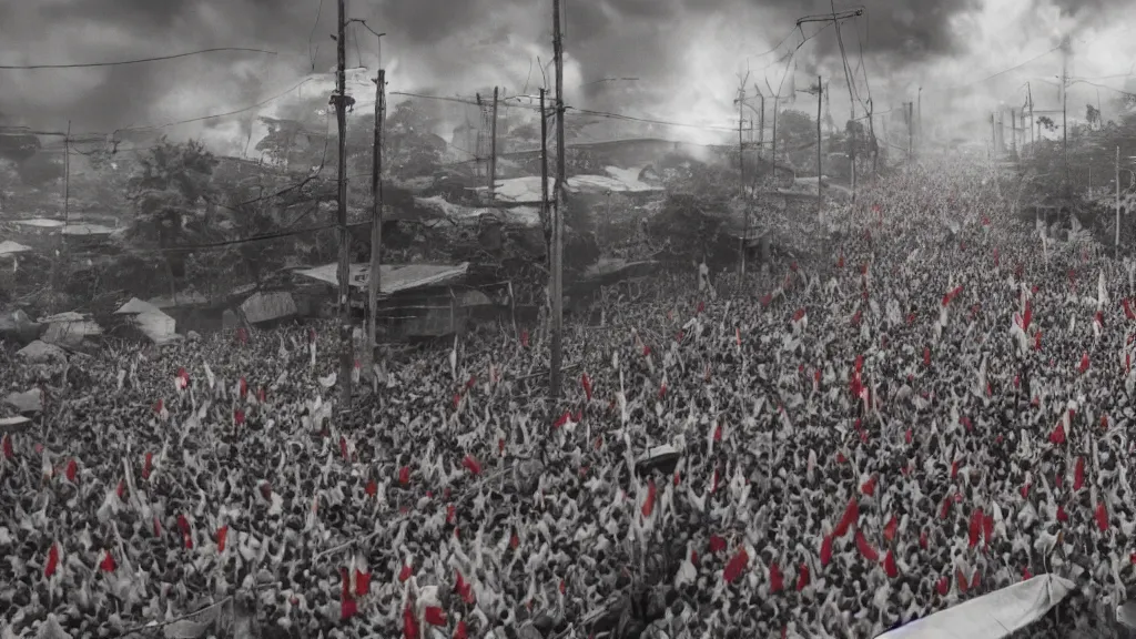 Image similar to A shot from a Films about the Indonesian National Revolution, infared photography, 8K, film render, extremely detailed, rendered in Octane