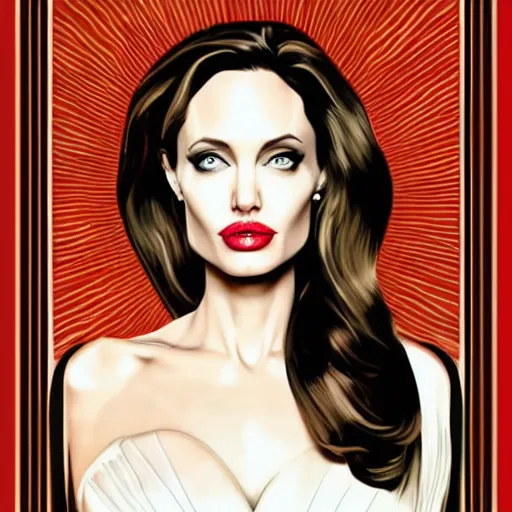 Prompt: angelina jolie, portrait, symetrical art deco poster illustration highly detailed,