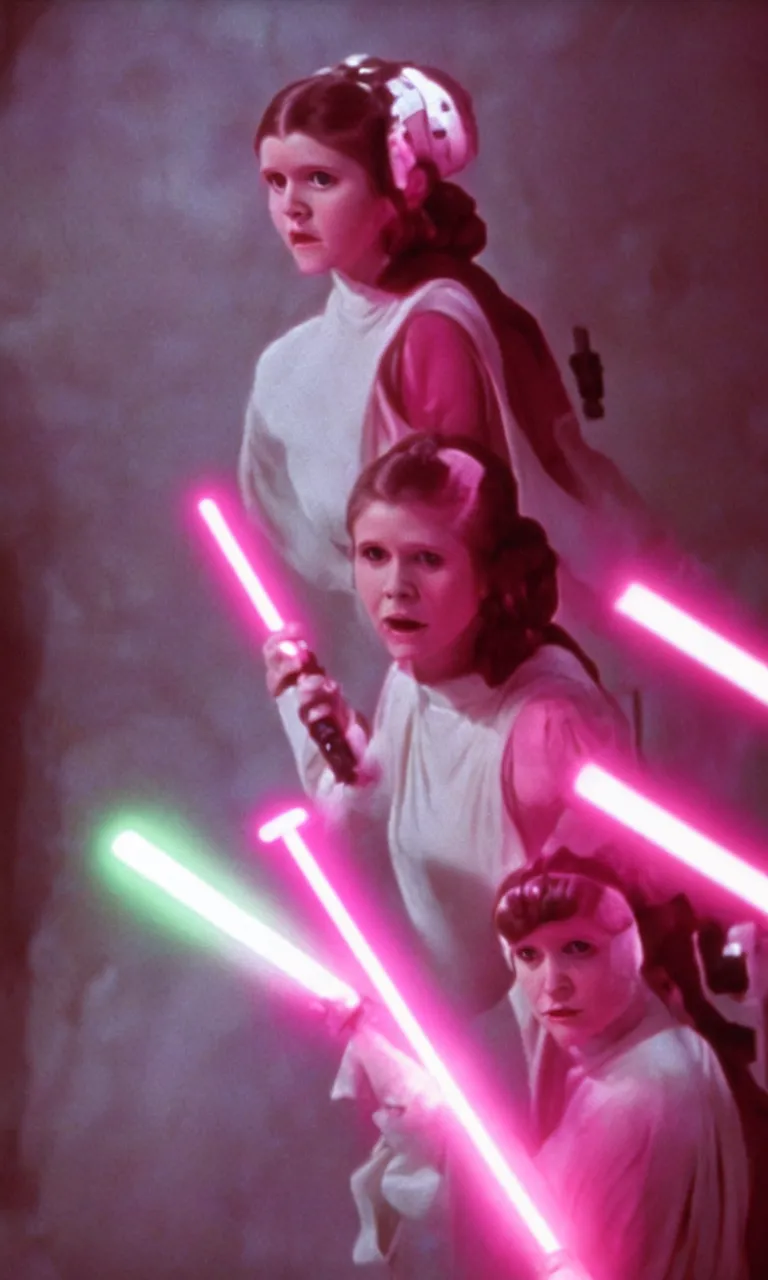 Image similar to Young Carrie Fisher as Princess Leia wielding a fuchsia light saber, ambient lighting, 8k, 35mm film still from Star Wars