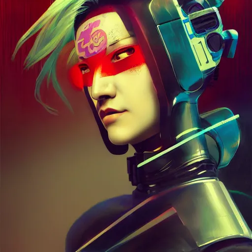 Image similar to cyberpunk geisha android robot portrait painting, medium shot, asymmetrical, profile picture, organic painting, sunny day, matte painting, bold shapes, hard edges, street art, trending on artstation, by huang guangjian, ash thorp and gil elvgren and sachin teng