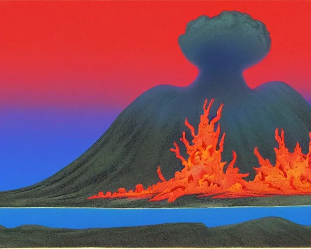 Image similar to roger dean 1 9 8 0 s fire lava volcano imagery, illustration art, album art