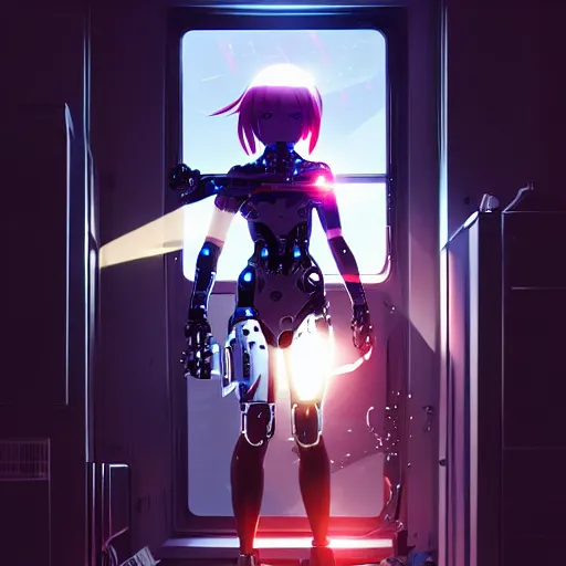 Image similar to beautiful cyborg girl punching a large reflective window, refractions on lens, full round face, biomechanical details, cyberpunk anime art, full body shot, window reflections, lens flare, wlop, ilya kuvshinov, artgerm, krenz cushart, greg rutkowski