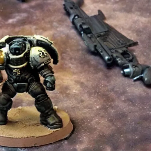 Image similar to real life space marine walking on human bloody dead bodies, shooting with heavy bolt rifle towards demons