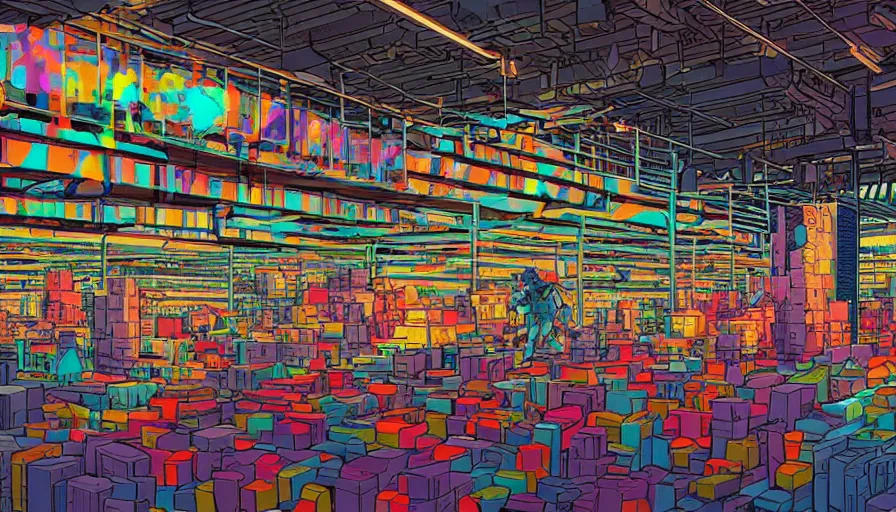 Image similar to a warehouse with huge shelves in which stacks of paper are stored, video game vector cutout illustration vivid multicolor borderlands comics by josan gonzales and dan mumford radiating a glowing aura