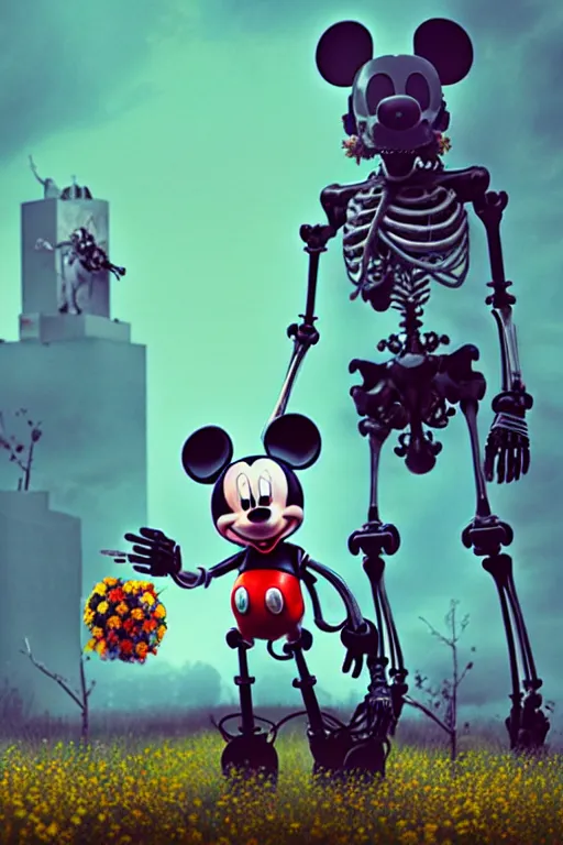 Image similar to a skeletal, mickey mouse made out of flowers and bones, walking with a robot, in the cyberpunk countryside by beeple, nychos and arcimboldo, highly detailed octane render