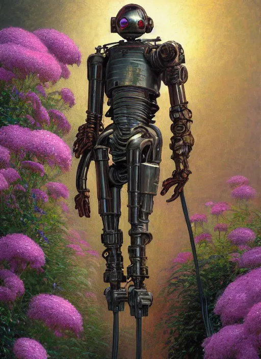 Prompt: cinematic portrait of male forged rusty droid working as a gardener, watering flowers from showerhead, robotic enhancements, soft lighting, Tomas Kinkade, Tim Hildebrandt, Wayne Barlowe, Bruce Pennington, donato giancola, larry elmore, oil on canvas, masterpiece, trending on artstation, cinematic composition, dramatic pose, beautiful lighting, sharp, details, hyper-detailed, HD