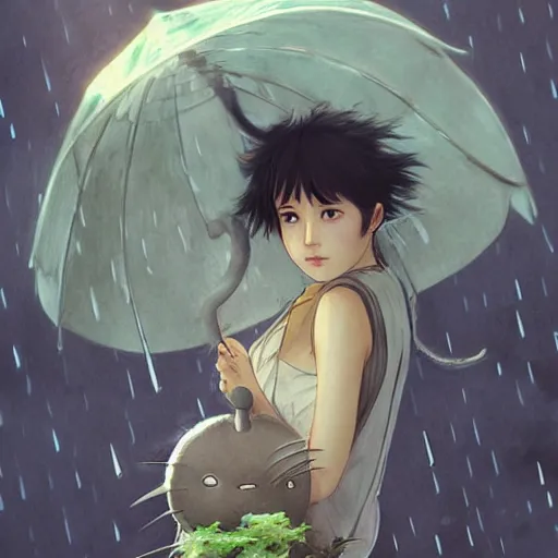 Image similar to Totoro is holding an umbrella in the rain, sci-fi, fantasy, highly detailed, digital painting, artstation, concept art, smooth, sharp focus, illustration, art by artgerm and greg rutkowski and alphonse mucha