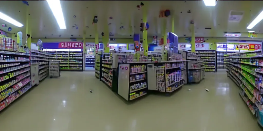 Prompt: abandoned human android factory in a convenience store, damaged camcorder video