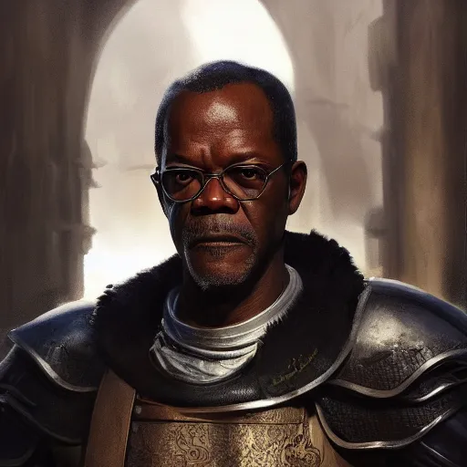 Image similar to closeup portrait of a young samuel jackson as a medieval knight, city background, dramatic light, gorgeous view, depth, high detail, digital art, painted by greg rutkowski, trending on artstation