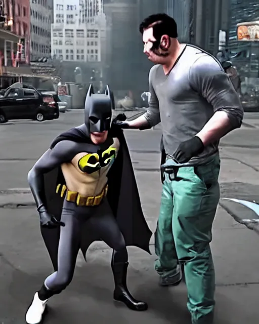 Prompt: Batman (2022) caught beating up a random guy in Gotham, secuirty cam footage, realistic, real life, 720p, low quality footage, leaked footage, viral on instagram, viral on twitter, snapchat photo