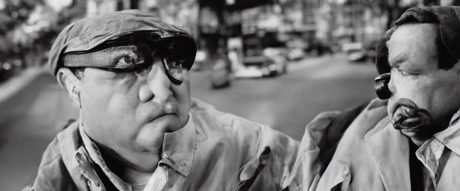 Image similar to detailed sharp portrait photograph in the style of popular science circa 1 9 5 5 of overweight taxi driver in his checker cab looking away lens 1 5 0 mm heavy bokeh