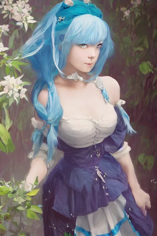 Image similar to pretty girl with blue hair, rem rezero dressed as alice in wonderland, digital painting, 8 k, concept art, art by wlop, artgerm, greg rutkowski and alphonse mucha