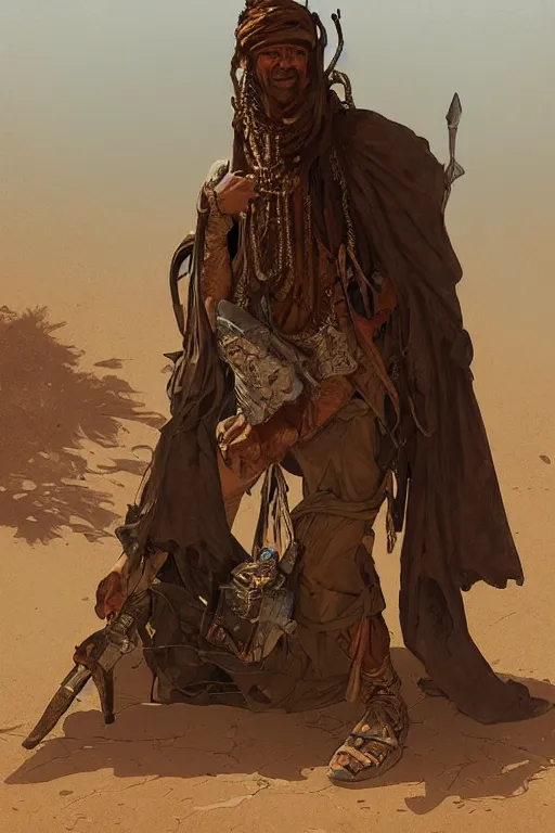 Image similar to a full body portrait of a beautiful post apocalyptic offworld desert bedouin blind retrofuturistic barbarian leper begging by the roadside, intricate, elegant, highly detailed, digital painting, artstation, concept art, smooth, sharp focus, illustration, art by krenz cushart and artem demura and alphonse mucha