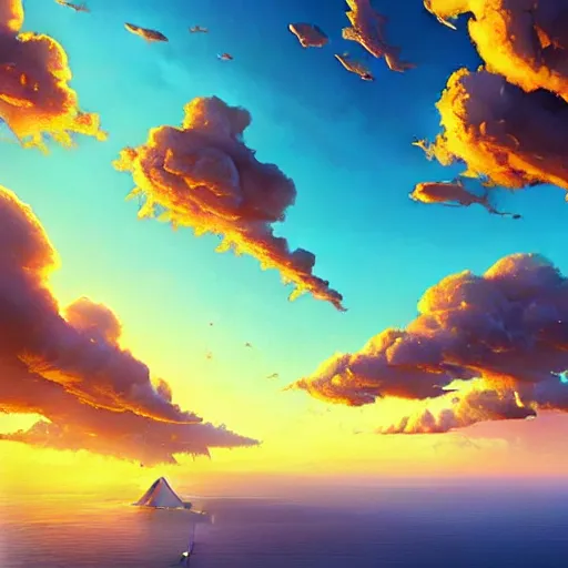 Image similar to a painting a breathtaking aerial view of Hawaiian islands, surrounded by palm trees, clouds, flowers, volcano, azure ocean, sunlight glistening, glow, , a detailed matte painting by sylvain sarrailh, Stephan Martinière, by RHADS, Makoto Shinkai, bokeh, Artstation contest winner, fantasy art, concept art, #vfxfriday