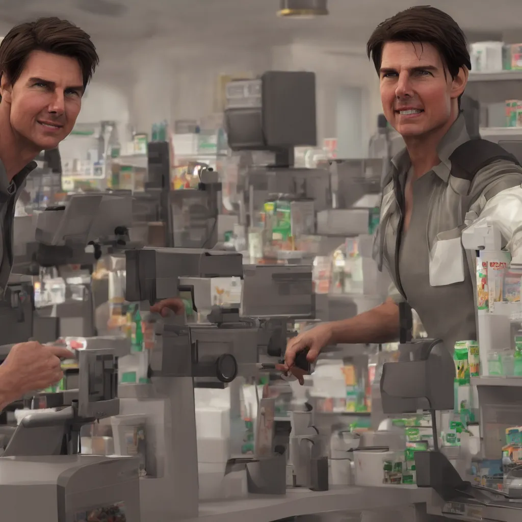 Image similar to Tom Cruise working as a 7/11 cashier, artstation, octane render, 8k, HD