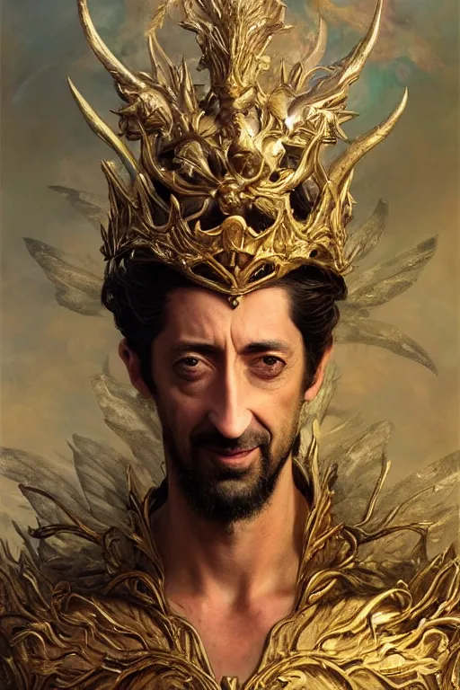 Prompt: upper body portrait shot of adrien brody as king oberon, fairy wings, lord of beasts, highly detailed, digital painting, artstation, concept art, soft focus, depth of field, artgerm, tomasz alen kopera, peter mohrbacher, donato giancola, wlop, boris vallejo