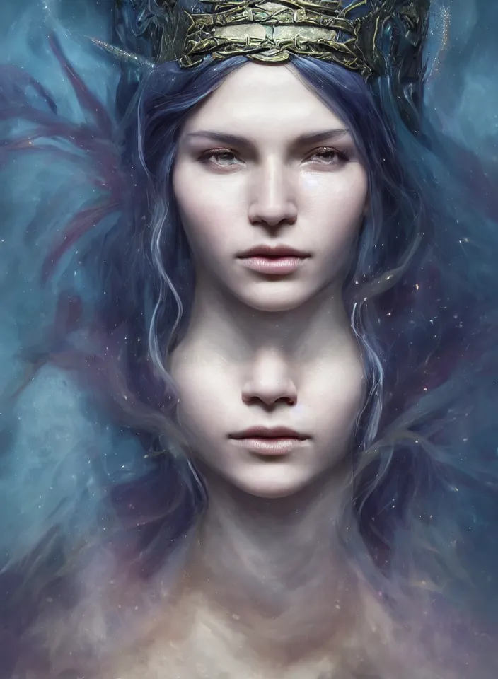 Image similar to a face portrait of a beautiful sorceress from skyrim casting a healing spell, fantasy setting, young face, serene colors, soft lighting, atmospheric, cinematic, moody, in the style of diego koi, gina heyer, luiz escanuela, art by alyssa monk, hyperrealism, rule of thirds, golden ratio, oil on canvas, 8 k