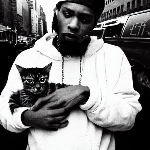 Image similar to 15mm wide-angle lens photo of a rapper in 1990 New York holding a kitten up to the camera