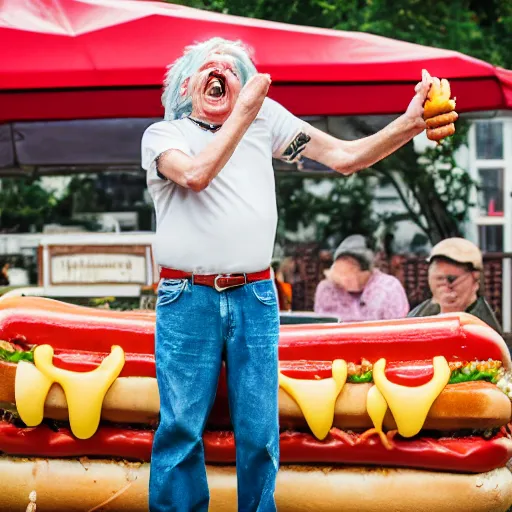 Image similar to portrait of an elderly man with a mullet haircut screaming at a hotdog, 🌭, canon eos r 3, f / 1. 4, iso 2 0 0, 1 / 1 6 0 s, 8 k, raw, unedited, symmetrical balance, wide angle