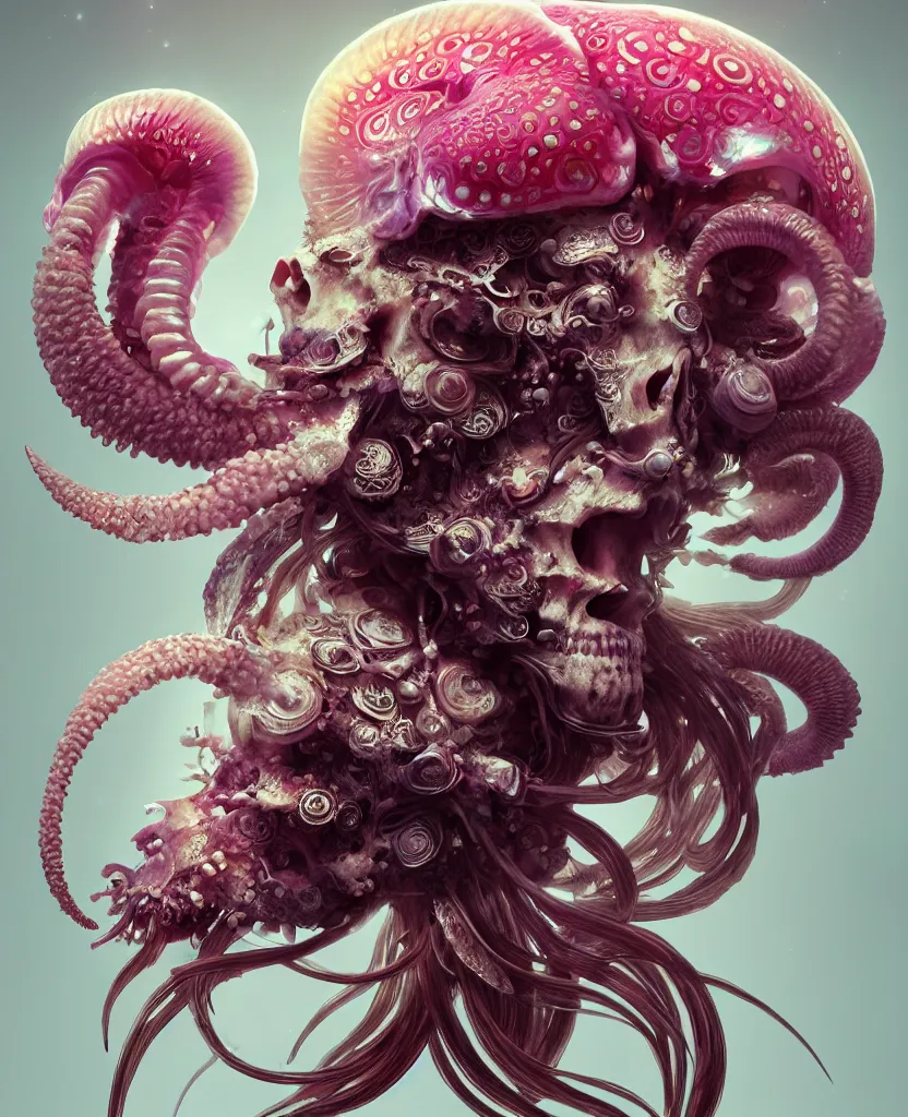 Image similar to goddess close-up portrait ram skull. eyes. jellyfish phoenix head, nautilus, orchid, skull, betta fish, bioluminiscent creatures, intricate artwork by Tooth Wu and wlop and beeple. octane render, trending on artstation, greg rutkowski very coherent symmetrical artwork. cinematic, hyper realism, high detail, octane render, 8k