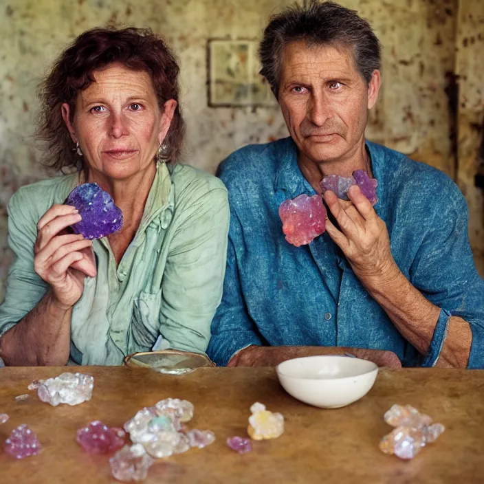 Image similar to closeup portrait of a couple eating colorful crystal geodes at a dining table, in a desolate abandoned house, by Annie Leibovitz and Steve McCurry, natural light, detailed face, CANON Eos C300, ƒ1.8, 35mm, 8K, medium-format print