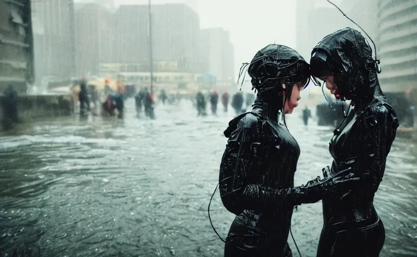 Image similar to cinestill 5 0 d candid photographic portrait by helen levitt of two loving female androids wearing rugged black mesh techwear in treacherous waters, extreme closeup, modern cyberpunk moody depressing cinematic, pouring rain, 8 k, hd, high resolution, 3 5 mm, f / 3 2, ultra realistic faces, ex machina