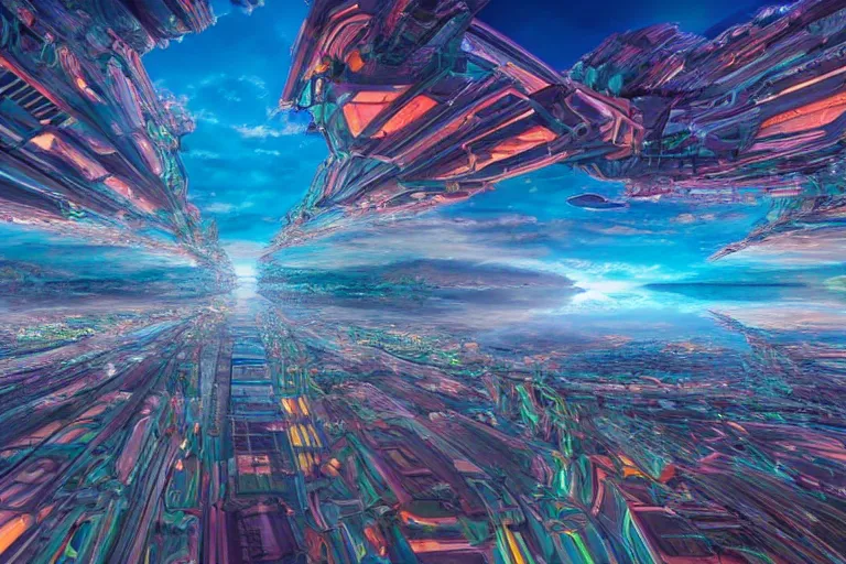 Prompt: mirror image of a city top and bottom, symmetrical, hyper real, 8k, colorful, 3D cinematic volumetric light, atmospheric light, studio ghibli inspired, fantasy LUT, high contrast, epic composition, sci-fi, dreamlike, surreal, angelic, by Moebius,