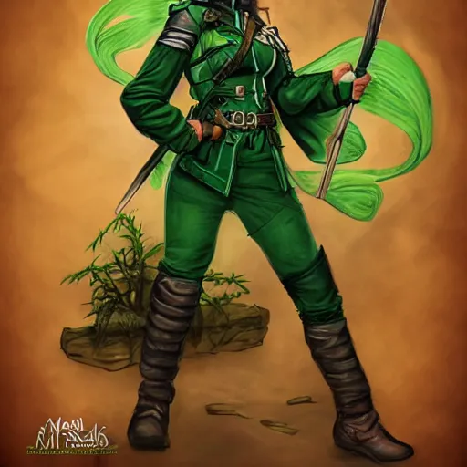 Prompt: portrait of a female ranger, dungeons and dragons, full color, vivid, realistic illustration, dressed in green woodsy clothing