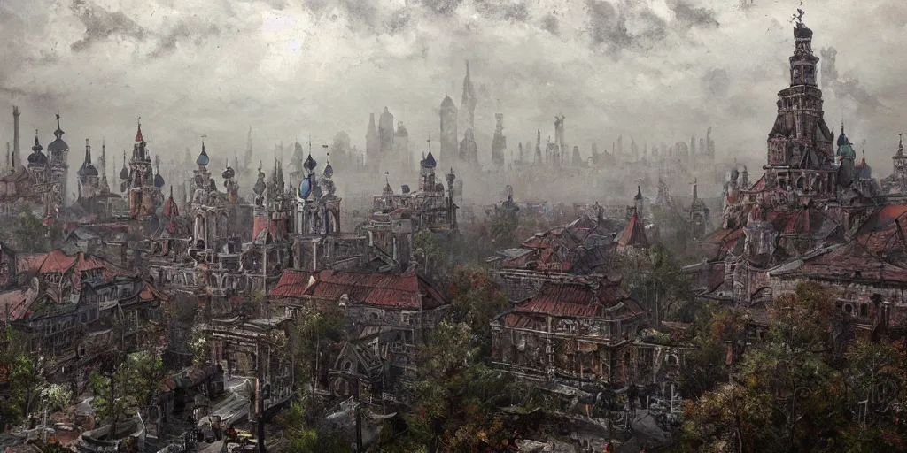 Prompt: hyperrealism magical ancient Slavic city of Kitezh in mist, magical glow, magic mist, strange buildings, oil painting, painting by Viktor Vasnetsov, concept art, fantasy cityscape, ancient Russian architecture, painting by Ivan Shishkin, hyperborea, high resolution, huge factories, trending on artstation,