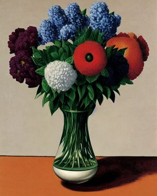 Prompt: a vase of flowers by rene magritte, rene magritte, and rene magritte