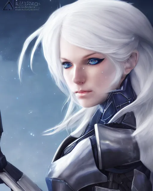 Image similar to perfect white haired girl, warframe armor, beautiful, pretty face, blue eyes, detailed, windy weather, scifi, platform, laboratory, experiment, 4 k, ultra realistic, epic lighting, high detail, masterpiece, by akihito tsukushi, charlie bowater, ross tran