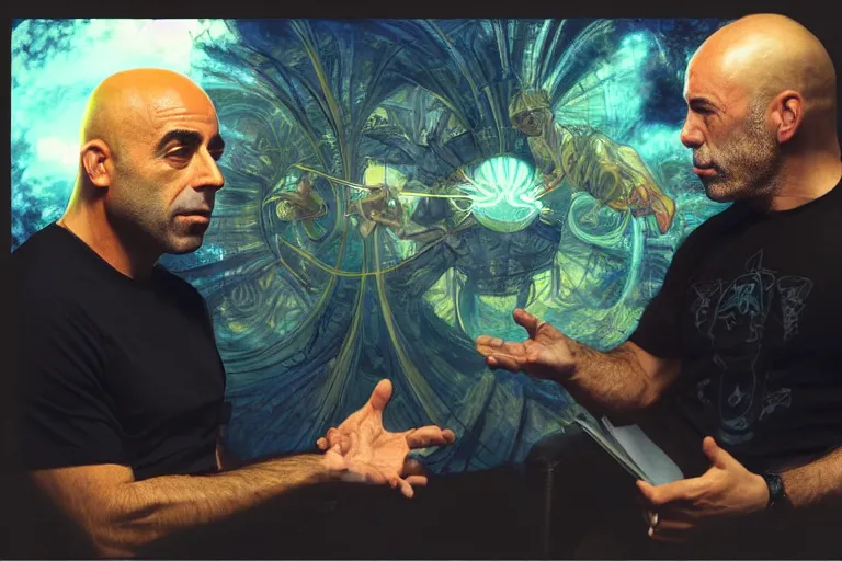 Image similar to joe rogan interviewing an inter - dimensional dmt alien, octane render, by greg rutkowski, alphonse mucha, artgerm