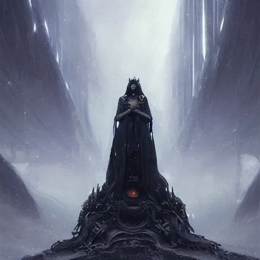 Image similar to of a beautiful black haired woman with pale skin and a crown on her head sitted on an intricate metal throne in eerie atmospheric alien worlds, epic cinematic matte painting, art by greg rutkowski