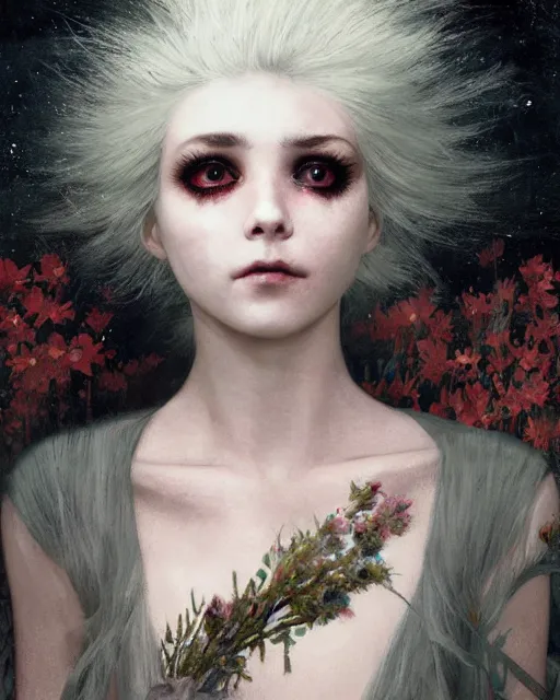 Prompt: a beautiful but creepy young woman in layers of fear, with haunted eyes, violence in her eyes, crazy white hair, wearing a punk outfit, 1 9 7 0 s, seventies, delicate embellishments, a little blood, woodland, moonlight shining on wildflowers, painterly, offset printing technique, by alexandre cabanel