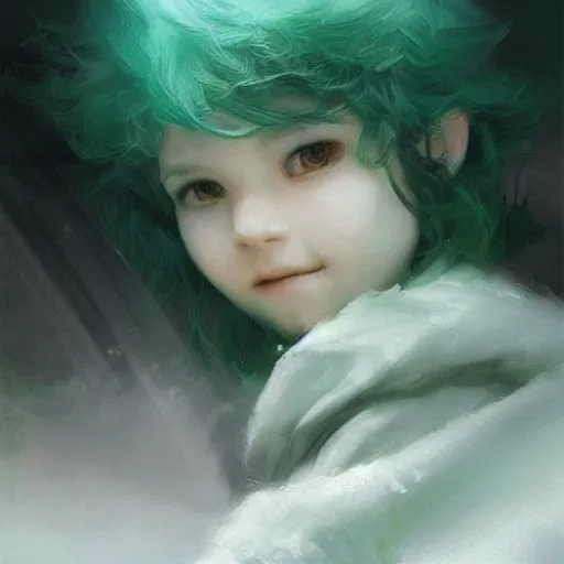 Image similar to a young boy of just 14 with Snow White! hair! and glowing green! eyes who can walk through walls, disappear, and fly. Ruan Jia