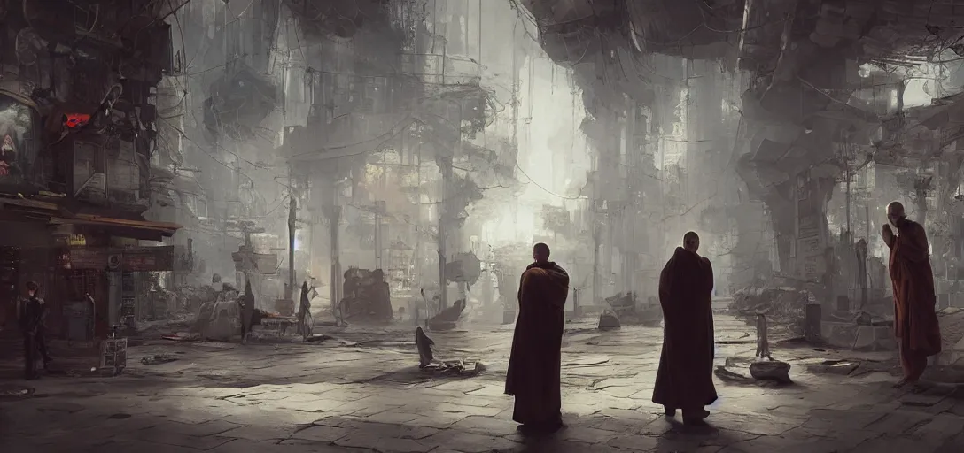 Image similar to monk meditation in a cyberpunk world with people walking around wearing vr headset by eugene von guerard, ivan shishkin, concept art, trending on artstation