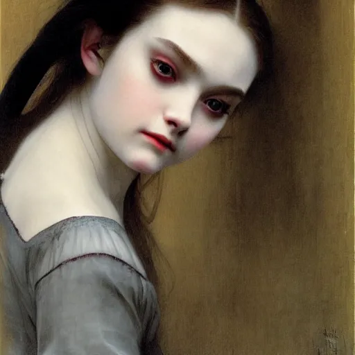 Prompt: A masterpiece head and shoulders scary portrait of Elle Fanning as a vampire by William Adolphe Bouguereau and Junji Ito