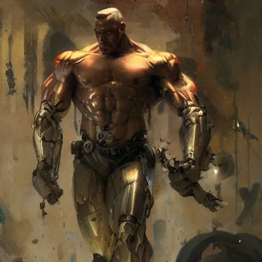 Image similar to muscular male cyborg, muscle, painting by gaston bussiere, craig mullins, greg rutkowski, yoji shinkawa