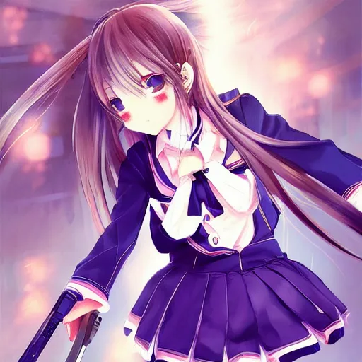 Image similar to “ anime, cut, female, a pretty girl wearing a school uniform and fighting with a gun, highly intricate detailed, light and shadow effects, intricate, highly detailed, digital painting, art station, concept art, smooth, sharp focus, illustration, advanced digital anime art, the most beautiful thing in the real world, so detailed that the ai drew it ”