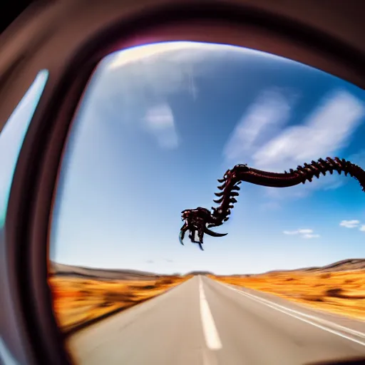 Prompt: deathclaw, monster driving the car, wide lens, 2 4 mm