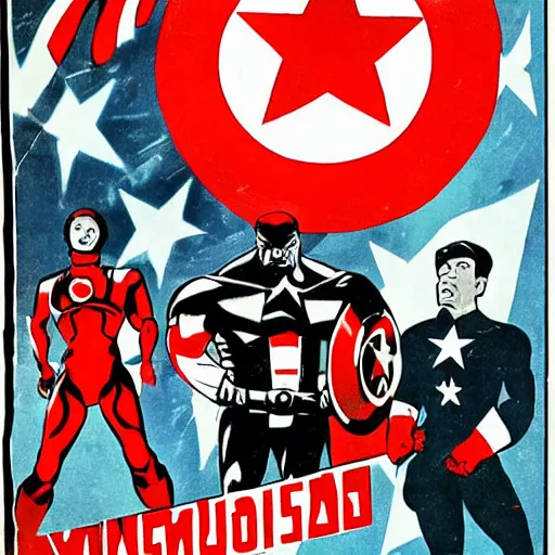 Prompt: the avengers 2012 in a 1950's URSS Communist poster of propaganda