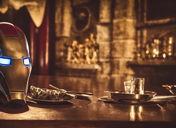 Image similar to a reflective steel engineering mask of ironman at a high end bar in a table, medieval themed castle in golden afternoon light, professional food photography