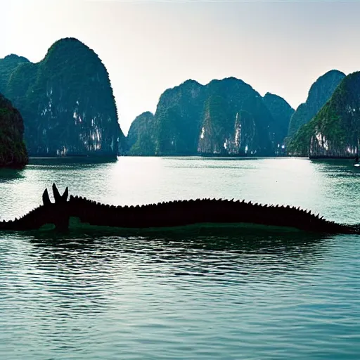 Prompt: 8k photograph of the Loch Ness monster in halong bay, Vietnam. National Geographic.