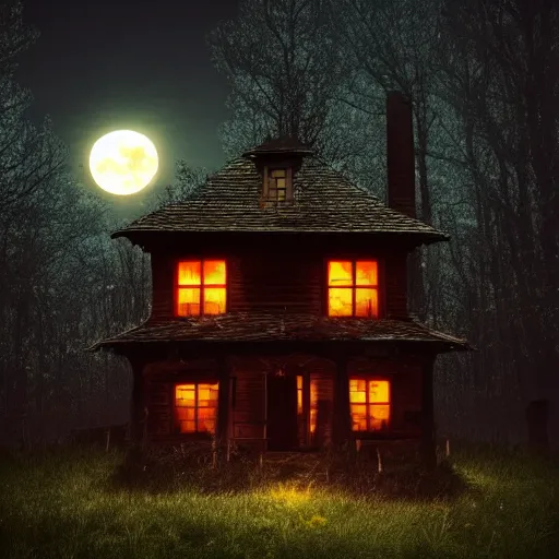 Prompt: dark forest with scary wooden house, full moon, cinematic scene