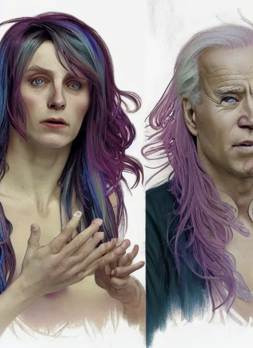 Prompt: Joe Biden as a transgender woman, maniac look, rainbow hair, ugly, gross, realistic, beta male, accurately portrayed, portrait art by alphonse mucha and greg rutkowski, highly detailed, digital painting, concept art, illustration, dim lighting with twilight rays of sunlight, trending on artstation, very detailed, smooth, sharp focus, octane render, close up