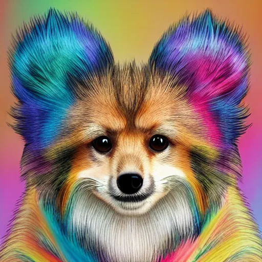 Prompt: hybrid animal cross between pomeranian dog and cheetah with long colorful mohawk hairstyle, detailed painting 4 k