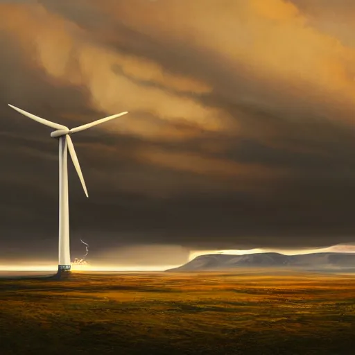 Image similar to painting of a humongous wind-turbine in the distance, by Greg Rutkowski, iceland landscape, golden hour, dramatic lighting, epic, gargantuan, intricate detail, 4k, 8k