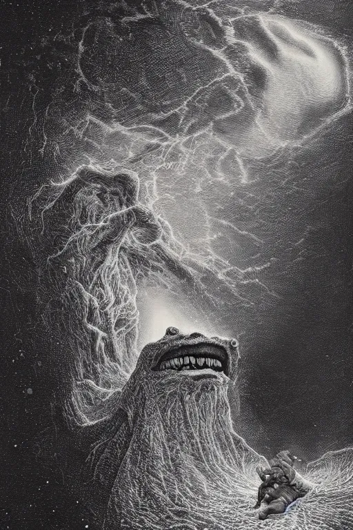 Image similar to an old man screams and a tornado comes out of his mouth by artgem and les edwards, gustave dore, highly detailed, high contrast, light reflection, trippy, nebula, trending on artstation