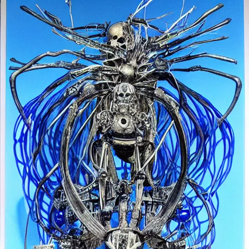 Prompt: electric blue by yoshitaka amano. the experimental art features a human figure driving a chariot. the figure is skeletal & frail, with a large head & eyes. the chariot is pulled by two animals, which are also skeletal & frail.