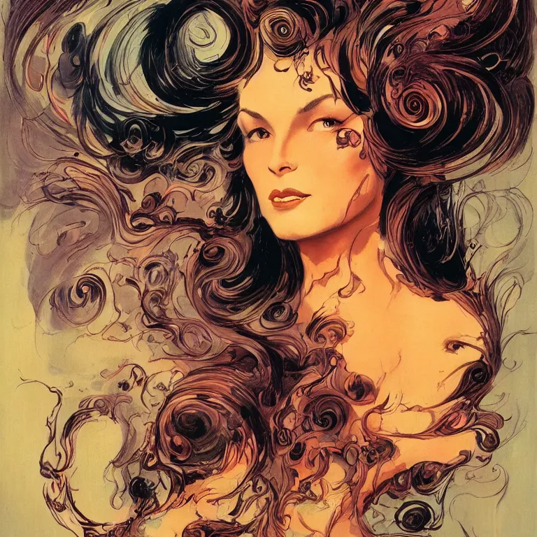 Image similar to portrait of a woman with swirling hair and fractal skin by frank frazetta, retrofuturism, psychedelic art reimagined by industrial light and magic